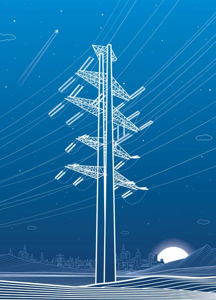 High Voltage Transmission Systems Electric Pole Power Lines Network Interconnected — 图库矢量图片