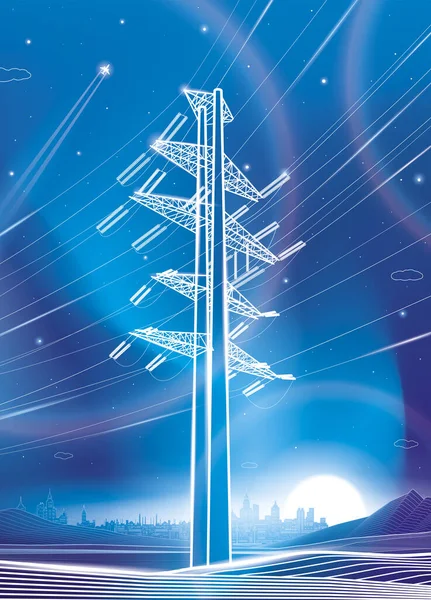 高压输电系统 霓虹灯光芒 城市能源基础设施 网络连接的电力 蓝色背景上的白线 矢量设计 — 图库矢量图片