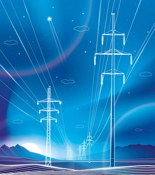 Sistema Transmisión Alta Tensión Electricidad Brillo Neón Infraestructura Energética Ciudad — Vector de stock