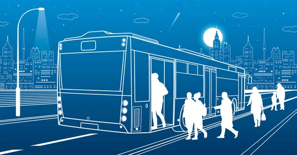 Stad Transport Infrastructuur Illustratie Passagiers Uitstappen Van Bus Mensen Lopen — Stockvector