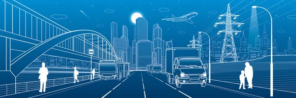 Illustrazione Delle Infrastrutture Trasporto Urbano Passeggeri Scendono Dall Autobus Gente — Vettoriale Stock