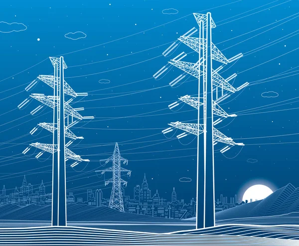 High Voltage Transmission Systems Electric Pole Power Lines Network Interconnected — Vector de stock