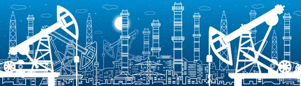 Kraftwerk Ölindustrie Umrisse Illustrieren Urbane Nachtszene Rohre Und Strom Factory — Stockvektor