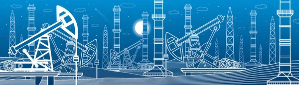 Elektrownia Przemysł Naftowy Zarys Ilustracji Miejska Scowość Nocna Rury Moc — Wektor stockowy