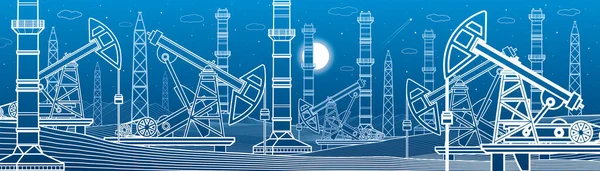 Central Eléctrica Indústria Petrolífera Desenhos Ilustração Cena Noturna Urbana Tubos —  Vetores de Stock