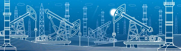 発電所石油産業 イラストを描く 都会の夜景 パイプとパワー 工場エネルギーインフラ ベクトルデザイン — ストックベクタ