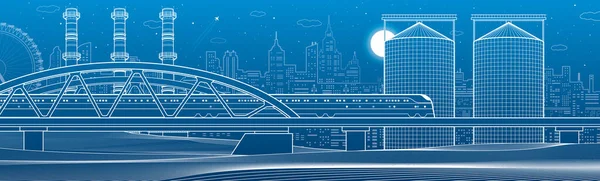 火车在桥上行驶 三根工业管道粮仓 城市工业和交通图解 城市场景 蓝色背景上的白线矢量设计艺术 — 图库矢量图片