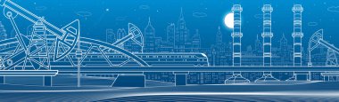 Köprüde tren yolculuğu. Üç endüstriyel boru. Elektrik santrali, petrol endüstrisi. Şehir ve ulaşım illüstrasyonu. Şehir manzarası. Mavi arka planda beyaz çizgiler. Vektör tasarım sanatı