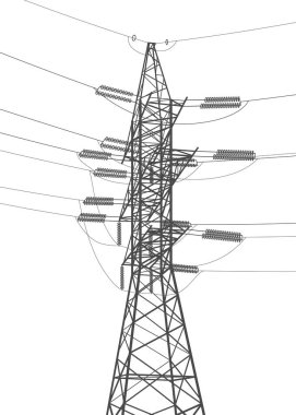 Yüksek voltaj iletim sistemleri. Elektrik direği. Elektrik hatları. Birbirine bağlı bir elektrik ağı. Enerji direkleri. Şehrin elektrik altyapısı. Beyaz arka planda gri noktalar. Vektör tasarımı