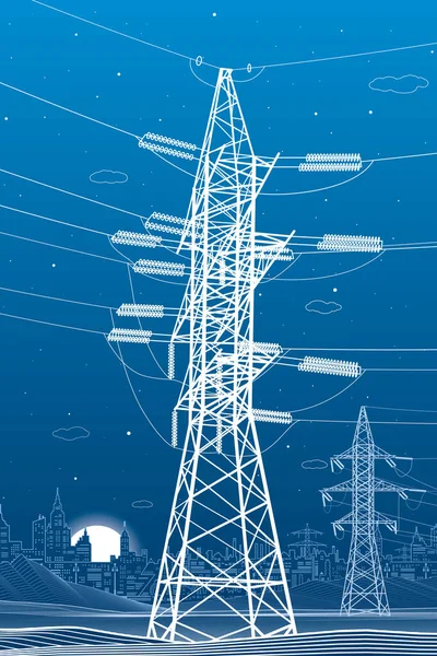 High Voltage Transmission Systems Electric Pole Power Lines Network Interconnected — Vettoriale Stock
