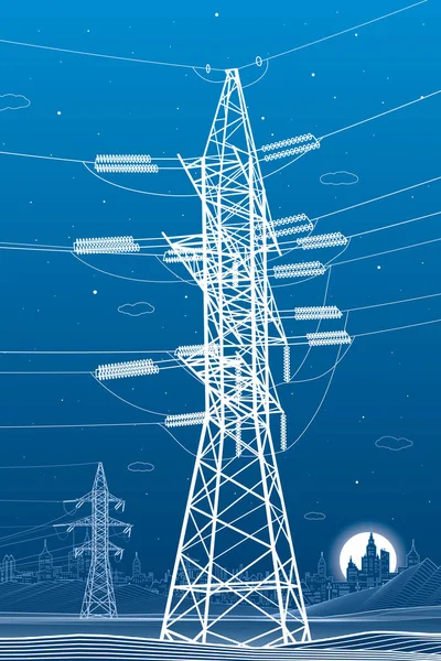 Yüksek Voltaj Iletim Sistemleri Elektrik Direği Elektrik Hatları Birbirine Bağlı — Stok Vektör