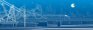 Köprüde tren yolculuğu. Üç endüstriyel boru. Elektrik santrali, petrol endüstrisi. Şehir ve ulaşım illüstrasyonu. Şehir manzarası. Mavi arka planda beyaz çizgiler. Vektör tasarım sanatı