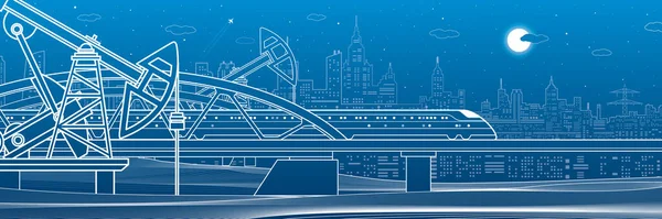 火车在桥上行驶 三根工业管道发电厂 石油工业 城市和交通图解 城市场景 蓝色背景上的白线矢量设计艺术 — 图库矢量图片