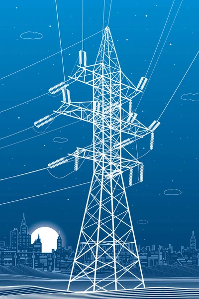 High Voltage Transmission Systems Electric Pole Power Lines Network Interconnected — Vetor de Stock