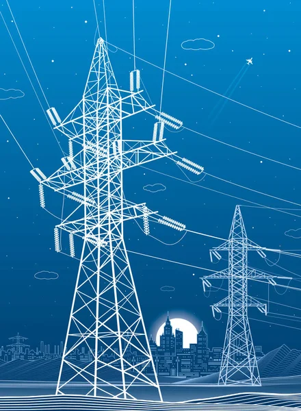 High Voltage Transmission Systems Electric Pole Power Lines Network Interconnected — Stock vektor