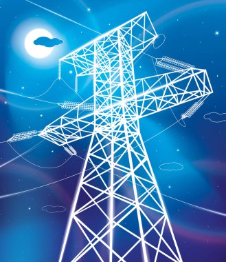 High voltage transmission systems. Electric pole. Neon glow. Energy pylons. Power lines. A network of interconnected electrical. White otlines on blue background. Vector design illustration