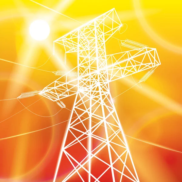 高電圧伝送システム 電柱だ サンシャイン グロー エネルギー パイロン 送電線だ 相互接続された電気のネットワーク 黄色の背景に白い輪郭線のイラスト ベクトルデザイン — ストックベクタ