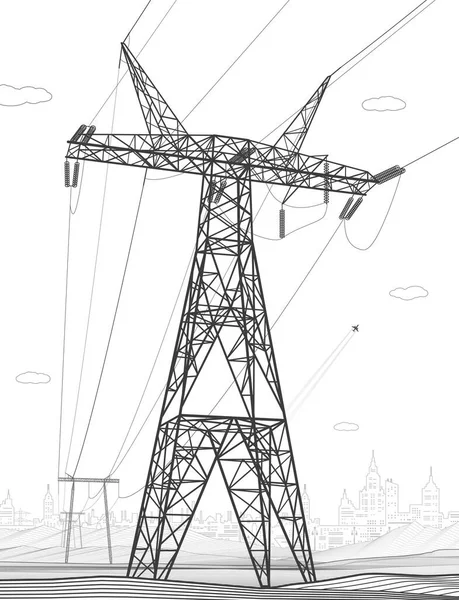 Högspänningsöverföringssystem Elstolpe Kraftledningar Ett Nätverk Sammankopplad Elektricitet Energipyloner Stadens Elinfrastruktur — Stock vektor