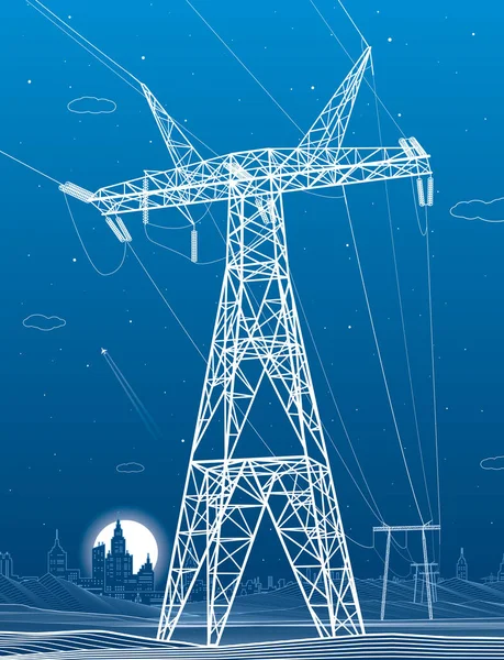 高压输电系统 电线杆电线 一个相互连接的电网 能量Pylons 城市电力基础设施 蓝色背景上的白线 矢量设计 — 图库矢量图片