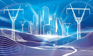 Gece aydınlatma şehri. Neon parlak dağlar manzarası. Yüksek voltaj iletim sistemleri. İş merkezi. Elektrik hatları. Mavi arka planda beyaz çizgiler. Vektör tasarım sanatı