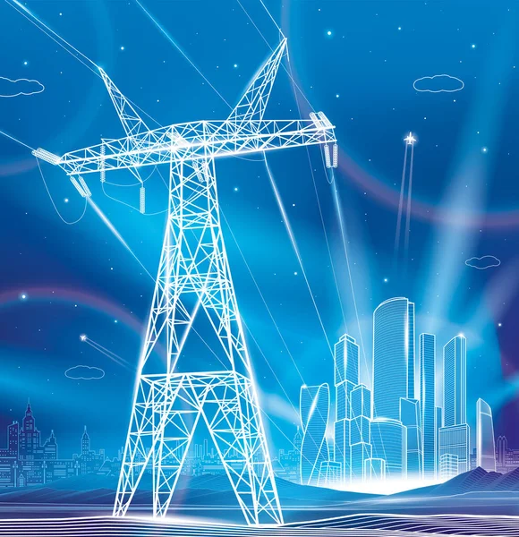 Yüksek Voltaj Iletim Sistemleri Elektrik Hatları Gece Aydınlatma Şehri Neon — Stok Vektör