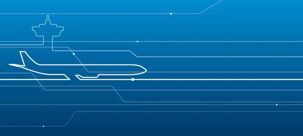 輸送を経由して あなたのプロジェクトの飛行機のアウトラインイラスト 青の背景に白い線のイメージ ベクトルデザインアート — ストックベクタ