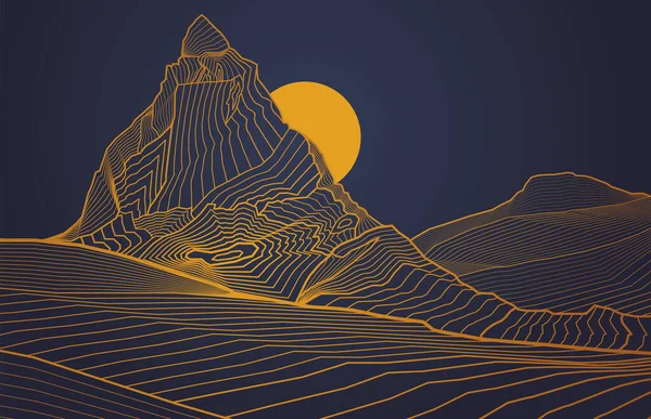 Montañas Pintadas Estilo Japonés Esquema Ilustración Oro Paisaje Nocturno Vector — Vector de stock