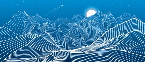 Mountains Outline Illustration Night Landscape Himalayas Snow Hills Moon Stars — Stock Vector
