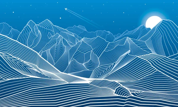 Montañas Esbozan Ilustración Paisaje Nocturno Himalaya Nieve Colinas Luna Estrellas — Vector de stock