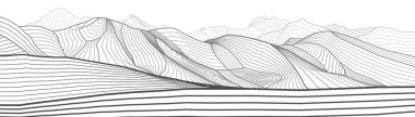 Dağlar gri çizgili çizim. Tepelerin manzarası. Kum tepeleri. Soyut çizgiler resmi. Vektör tasarım sanatı