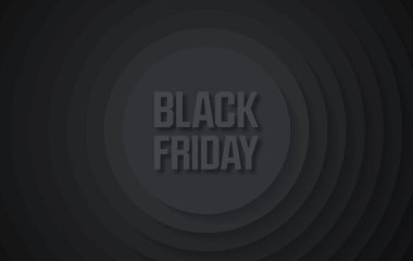 Kara Cuma indirimi. Gölgeli eş merkezli daireler. Soyut koyu arkaplan. Siyah tirajlar. Kesilmiş kağıt. Vektör tasarımı