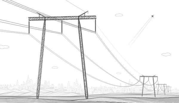 高電圧伝送システム 電柱だ 送電線だ 相互接続された電気のネットワーク エネルギー パイロン 都市電気インフラ 白い背景に灰色のオットライン ベクトルデザイン — ストックベクタ