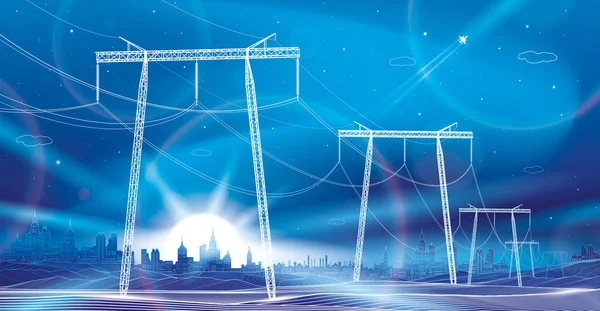 Высоковольтная Система Передачи Электричество Неоновое Свечение Энергетическая Инфраструктура Города Ночной — стоковый вектор