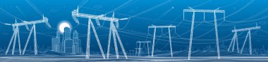 High voltage transmission systems. Electric pole. Power lines. A network of interconnected electrical. Energy pylons. City electricity infrastructure. White otlines on blue background. Vector design