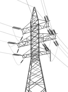 Yüksek voltaj iletim sistemleri. Elektrik direği. Elektrik hatları. Birbirine bağlı bir elektrik ağı. Enerji direkleri. Şehrin elektrik altyapısı. Beyaz arka planda gri noktalar. Vektör tasarımı