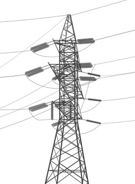 Yüksek voltaj iletim sistemleri. Elektrik direği. Elektrik hatları. Birbirine bağlı bir elektrik ağı. Enerji direkleri. Şehrin elektrik altyapısı. Beyaz arka planda gri noktalar. Vektör tasarımı