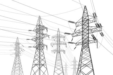 High voltage transmission systems. Electric pole. Power lines. A network of interconnected electrical. Energy pylons. City electricity infrastructure. Gray otlines on white background. Vector design clipart
