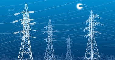 High voltage transmission systems. Electric pole. Power lines. A network of interconnected electrical. Energy pylons. City electricity infrastructure. White otlines on blue background. Vector design clipart