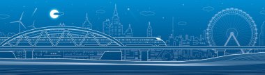 Köprüde tren yolculuğu. Şehir endüstrisi ve ulaşım illüstrasyonu. Dönme dolap. Şehir manzarası. Mavi arka planda beyaz çizgiler. Vektör tasarım sanatı