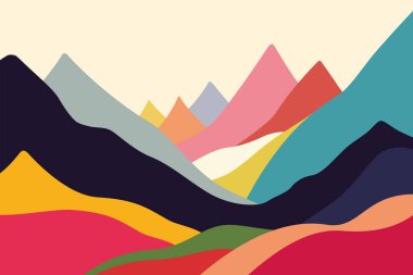 Mountains flat color illustration. Abstract simple landscape. Colorful hills. Multicolored abstract shapes. Vector design art