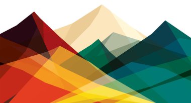 Dağların düz renk çizimi. Basit ve soyut bir manzara. Renkli, saydam cam tepeler. Çok renkli soyut şekiller. Vektör tasarım sanatı