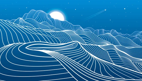 Иллюстрация Контуров Гор Ночной Пейзаж Снежные Холмы Луна Звезды Векторное Стоковая Иллюстрация