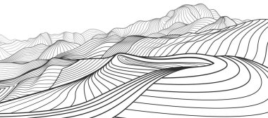 Dağlar beyaz arkaplandaki siyah çizgili çizimler. Soyut tepeler manzarası. Vektör tasarım sanatı