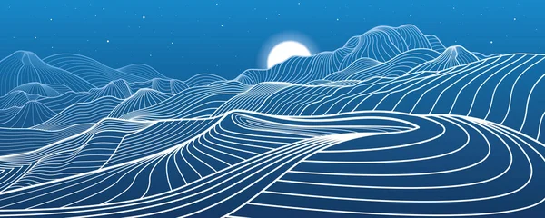 Иллюстрация Контуров Гор Ночной Пейзаж Снежных Холмов Луна Звезды Векторное Стоковый вектор