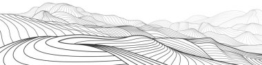 Soyut Dağlar. Beyaz arkaplanda siyah çizim. Çizgi çalışması. Tepelerin manzarası. Vektör tasarımı 