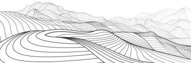 Soyut Dağlar. Beyaz arkaplanda siyah çizim. Çizgi çalışması. Tepelerin manzarası. Vektör tasarımı 