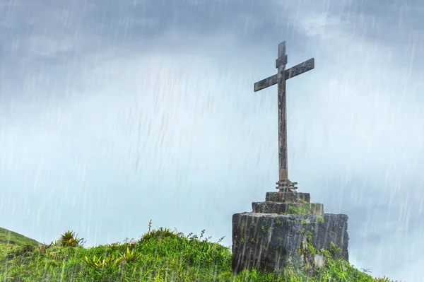 stock image Christian cross in the rain in nature