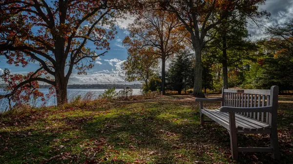 Locust, New Jersey 'deki Navesink Nehri kıyısında bir park bankında..