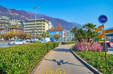 Çiçekli gelincikleri, çiçekli lahanaları ve yel değirmeni palmiyeleri olan güzel Rusca Bahçesi, Locarno, İsviçre