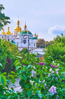 Kyiv Pechersk Lavra Mağara Manastırı 'nın altın kubbeleri. Önünde leylaklar, Kiev, Ukrayna.